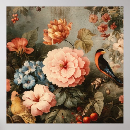 Vibrant Vintage Floral and Bird Scene ポスター (正面)