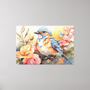 Vibrant Watercolor Bird Floral Art Nature Inspired キャンバスプリント