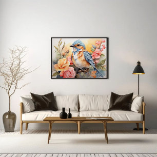 Vibrant Watercolor Bird Floral Art Nature Inspired ポスター