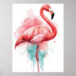 Vibrant Watercolor Flamingo Pink and Teal Splash ポスター