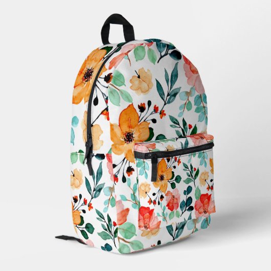 Vibrant Watercolor Floral Orange Blue Pattern プリントバックパック (裏面左端)