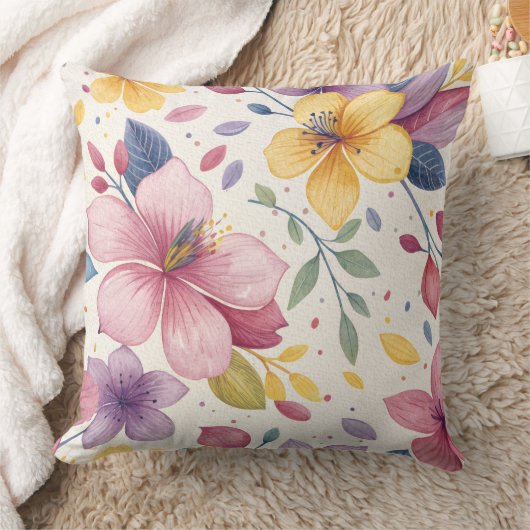 Vibrant Watercolor Floral Throw Pillow クッション (ブランケット)