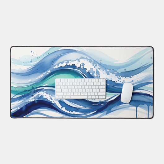 Vibrant Watercolor Ocean Waves Abstract デスクマット (キーボード&マウス)