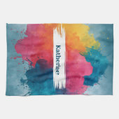 Vibrant Watercolor Paint Splash with Custom Name キッチンタオル (横)