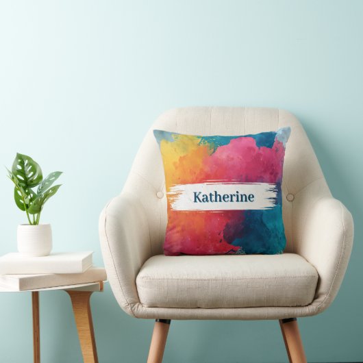 Vibrant Watercolor Paint Splash with Custom Name クッション (椅子)