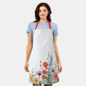 Vibrant Watercolor Wildflowers Pattern Apron エプロン (着用した状態)