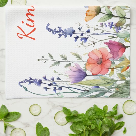 Vibrant Watercolor Wildflowers Personalized キッチンタオル (折り畳み)