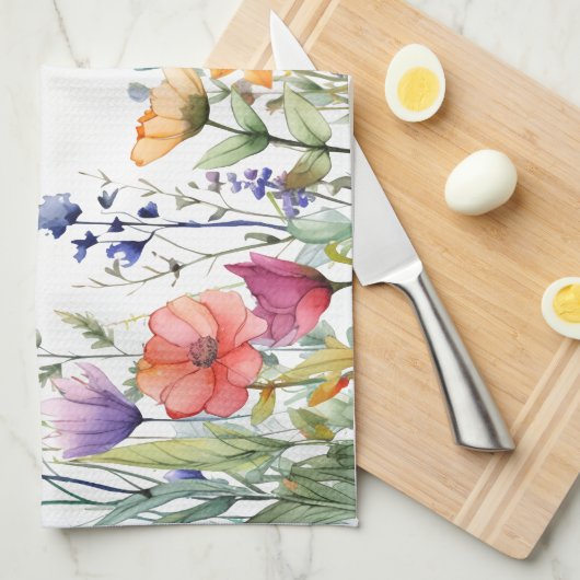 Vibrant Watercolor Wildflowers Personalized キッチンタオル (四つ折り)