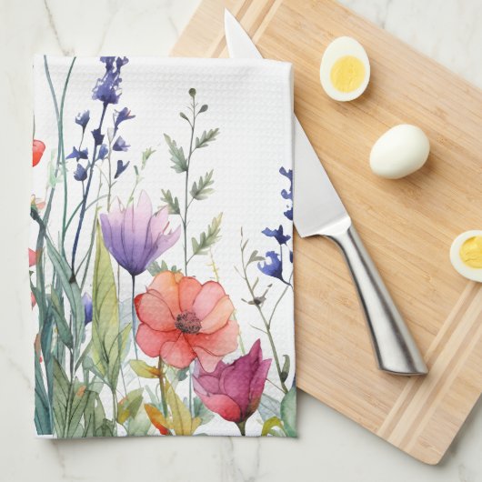 Vibrant Watercolor Wildflowers Personalized キッチンタオル (四つ折り)