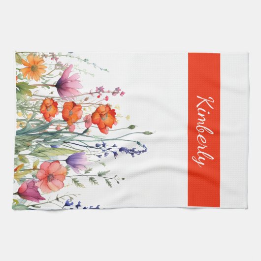 Vibrant Watercolor Wildflowers Personalized キッチンタオル (横)