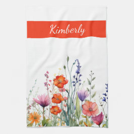 Vibrant Watercolor Wildflowers Personalized キッチンタオル