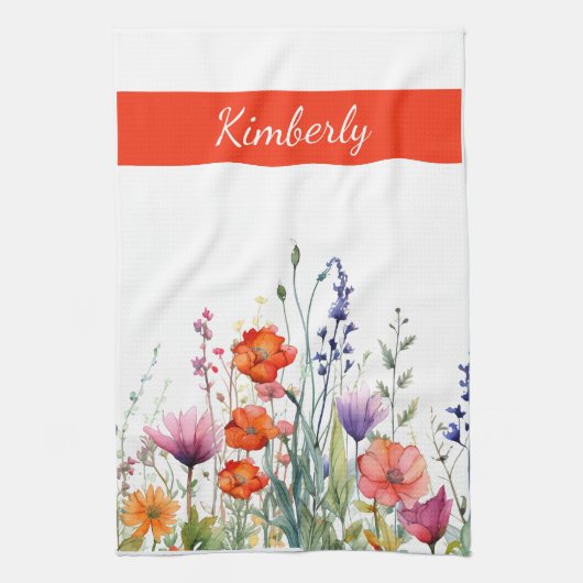 Vibrant Watercolor Wildflowers Personalized キッチンタオル (縦)