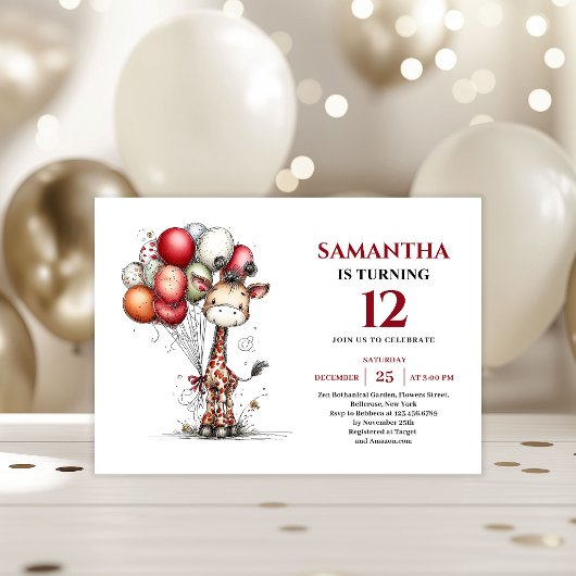 Vibrant whimsical giraffe kids birthday invite 招待状