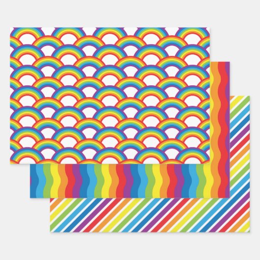 Vibrant White and Rainbow Patterns ラッピングペーパーシート (セット)
