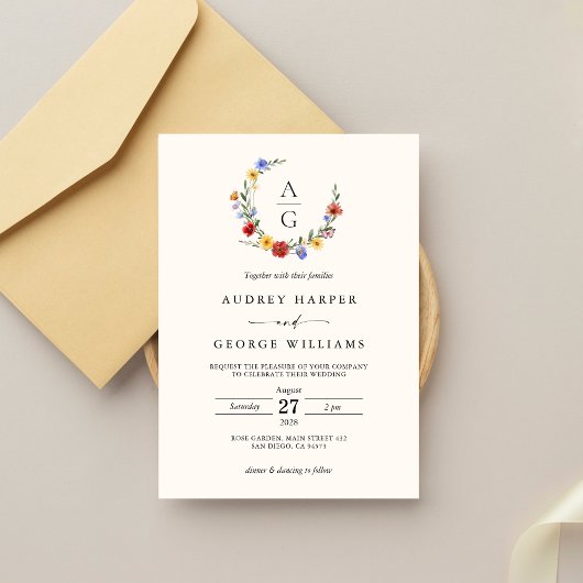 Vibrant Wildflower Crest Wedding Invitation 招待状