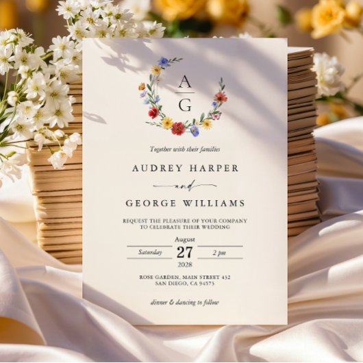 Vibrant Wildflower Crest Wedding Invitation 招待状