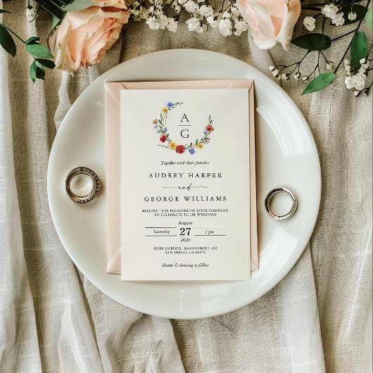 Vibrant Wildflower Crest Wedding Invitation 招待状