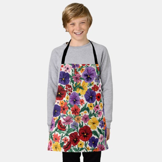 Vibrant Wildflower Pansy Botanical Pattern エプロン (着用した状態)