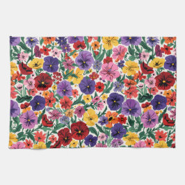 Vibrant Wildflower Pansy Botanical Pattern キッチンタオル