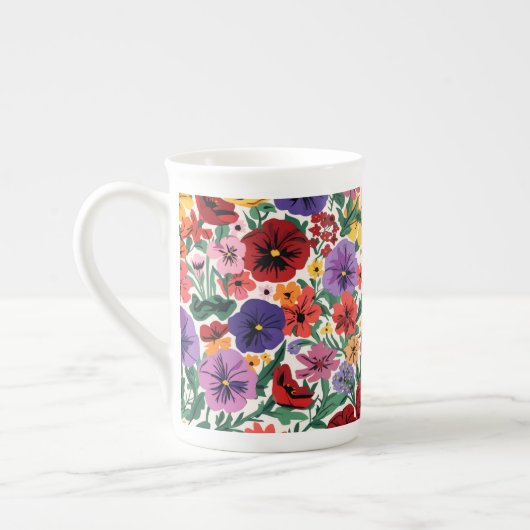Vibrant Wildflower Pansy Botanical Pattern ボーンチャイナマグカップ (左)