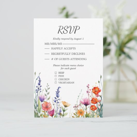 Vibrant Wildflowers Elegant Wedding RSVP Card (スタンド正面)