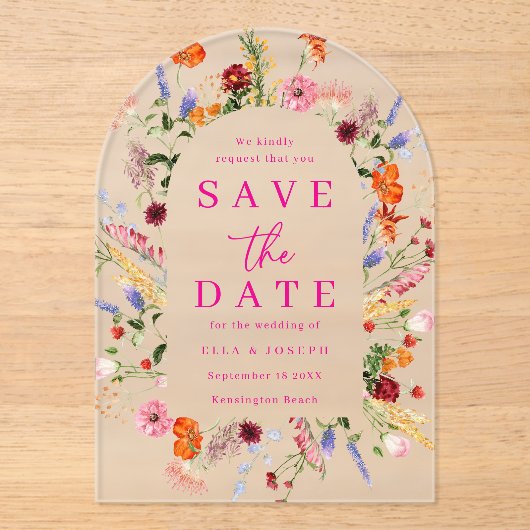 Vibrant Wildflowers Frosted Wedding Save The Date アクリル招待状 (正面)