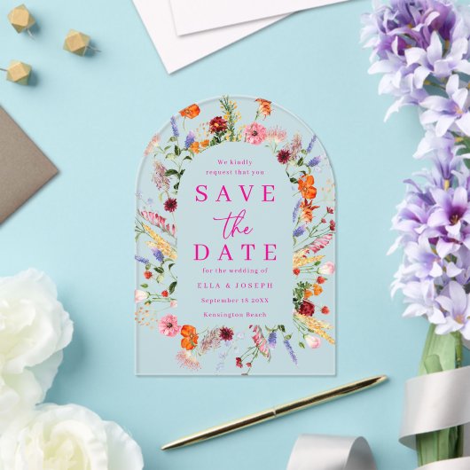 Vibrant Wildflowers Frosted Wedding Save The Date アクリル招待状 (インサイチュ (ウェディング))