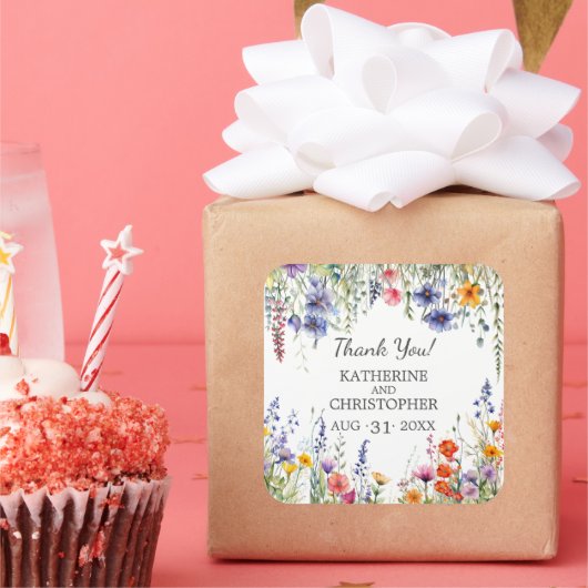 Vibrant Wildflowers Wedding Elegant Thank You スクエアシール (パーティー)