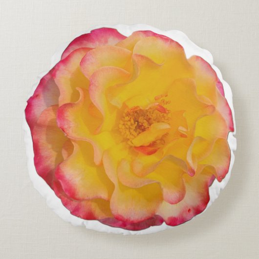 Vibrant Yellow and Pink Rose Round Pillow ラウンドクッション (正面)