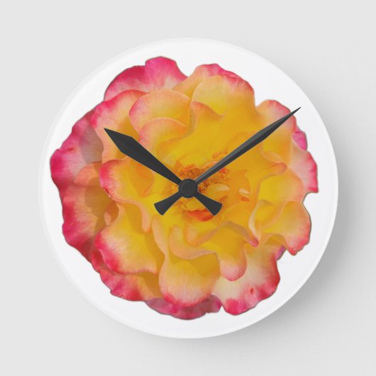 Vibrant Yellow and Pink Rose Wall Clock ラウンド壁時計 (正面)