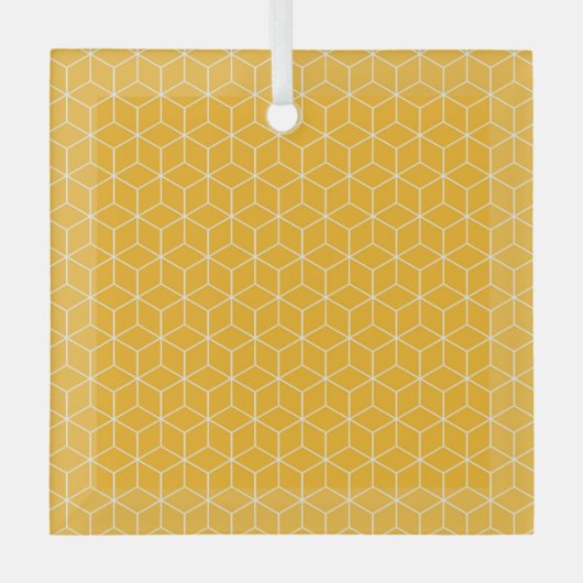 Vibrant Yellow Hexagonal Cube Pattern Design ガラスオーナメント (正面)