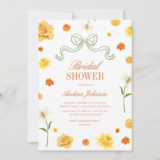 Vibrant Yellow Orange Floral Bow Bridal Shower 招待状 (正面)