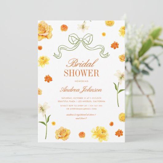 Vibrant Yellow Orange Floral Bow Bridal Shower 招待状 (スタンド正面)