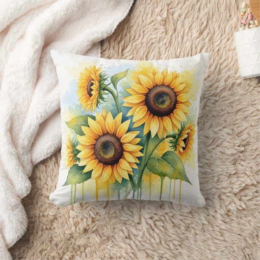 Vibrant Yellow Sunflower Watercolor Drip クッション (ブランケット)