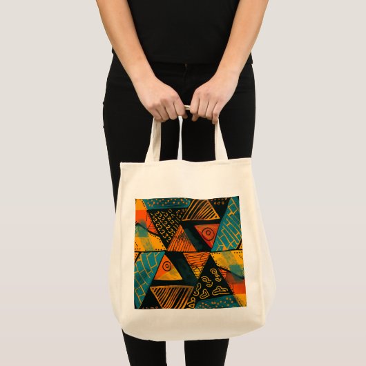 Vibrantly colorful triangles with tribal patterns トートバッグ (正面(商品))