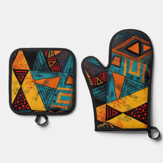 Vibrantly colorful triangles with tribal patterns 鍋つかみ&鍋敷きセット (正面)