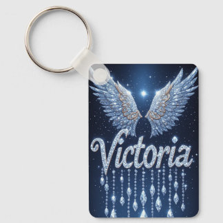 Victoria Name Art with Sparkling Diamond Wings キーホルダー