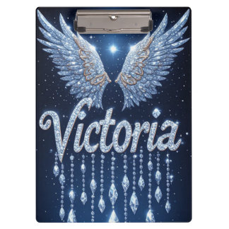 Victoria Name Art with Sparkling Diamond Wings クリップボード