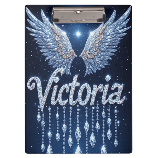 Victoria Name Art with Sparkling Diamond Wings クリップボード (正面)