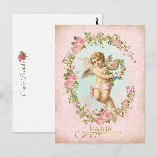 Victorian Angel Pink Rose Frame Postcard ポストカード (正面/裏面)