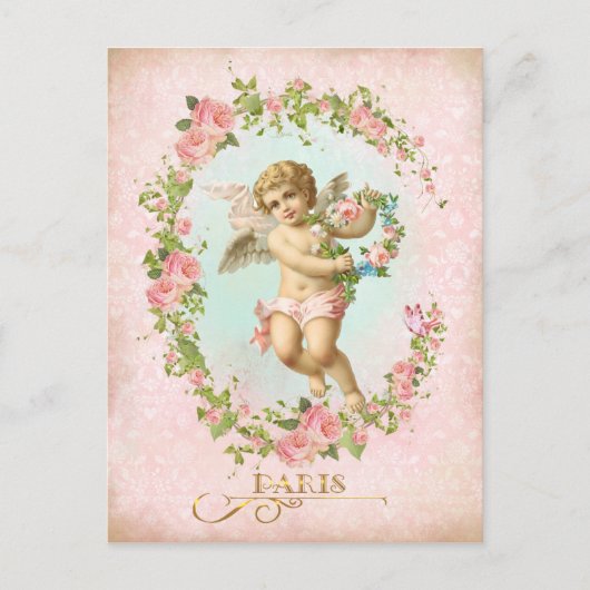 Victorian Angel Pink Rose Frame Postcard ポストカード (正面)