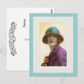 Victorian beauty in hat purple teal dress ポストカード (正面/裏面)