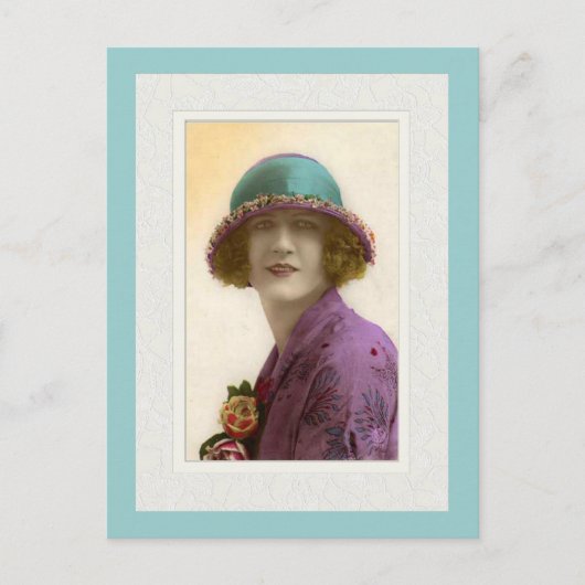 Victorian beauty in hat purple teal dress ポストカード (正面)