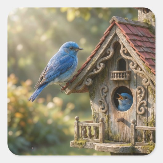 Victorian Birdhouse with Bluebirds スクエアシール (正面)