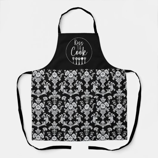 Victorian Black and White Damask Pattern エプロン (正面)