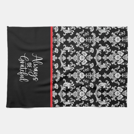 Victorian Black and White Damask Pattern キッチンタオル (横)