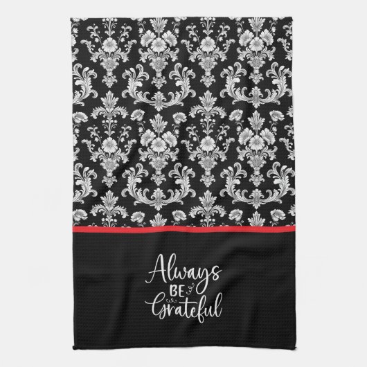 Victorian Black and White Damask Pattern キッチンタオル (縦)