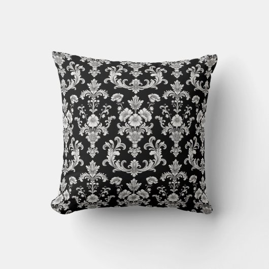 Victorian Black and White Damask Pattern クッション (正面)
