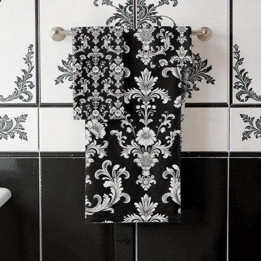 Victorian Black and White Damask Pattern バスタオルセット