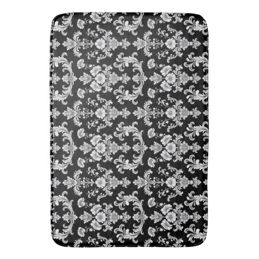Victorian Black and White Damask Pattern バスマット (正面縦)